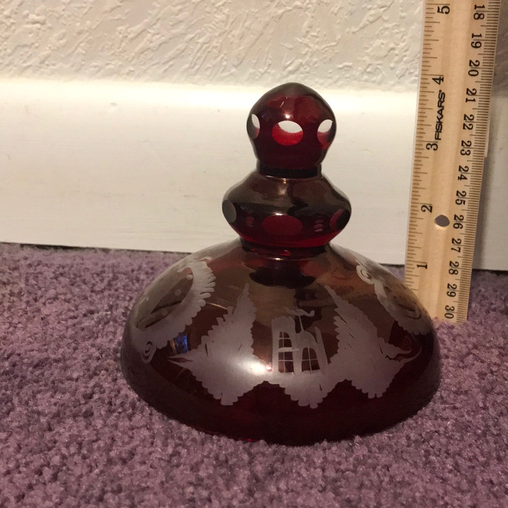 Vintage ruby crystal candy trinket dish etched - Picture 4 of 12